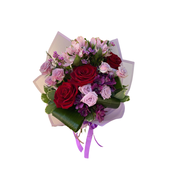 Buchet de Flori 3 Trandafiri rosii,  3 trandafiri miniroze, 4 astroimeria