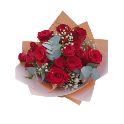 Buchet de Flori 7 Trandafiri rosii,  4 trandafiri miniroze, eucalipt
