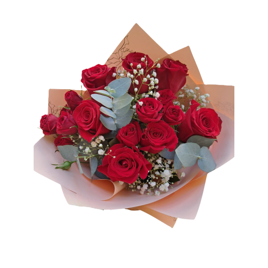 Buchet de Flori 7 Trandafiri rosii,  4 trandafiri miniroze, eucalipt