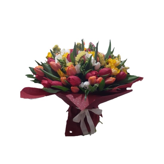 Buchet de Flori - 50 Lalele si 30 Frezie, Limonium