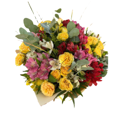 Buchet de Flori Astroimeria, miniroze, eucalipt, hipericum si belgras