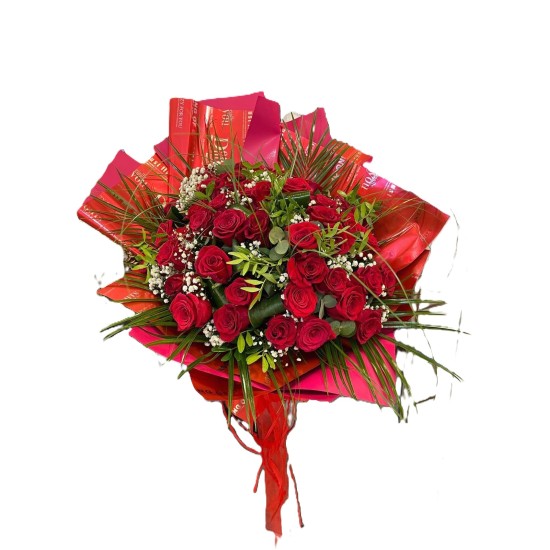 Buchet de Flori - 35 trandafiri, pistacia, pheonix, gipsofila